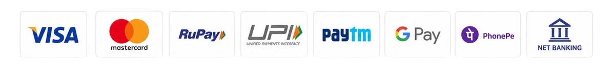 Payment Methods: Visa, Mastercard, RuPay, UPI, Paytm, GPay, PhonePe, Net Banking